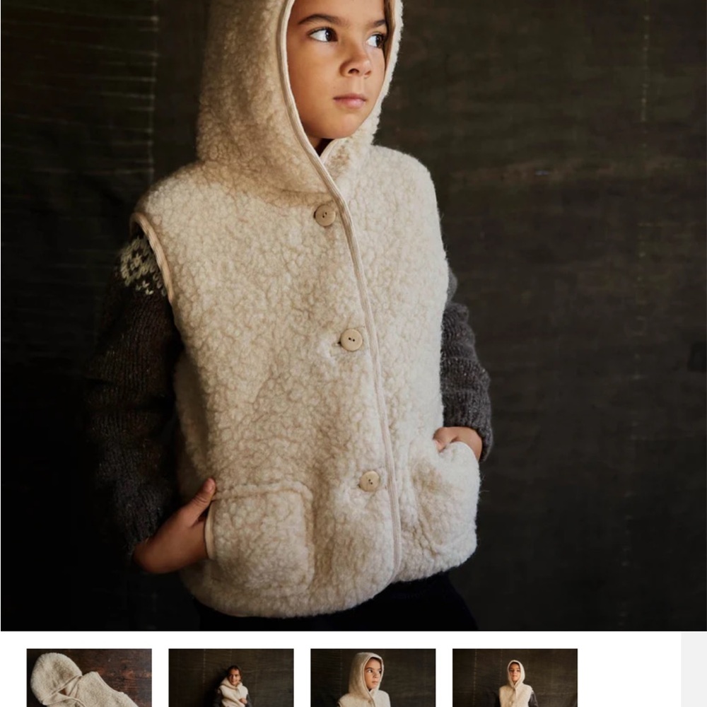 Boho Unisex Cozy Warm Cream Sherpa Vest with Hood - Picture 2 of 4